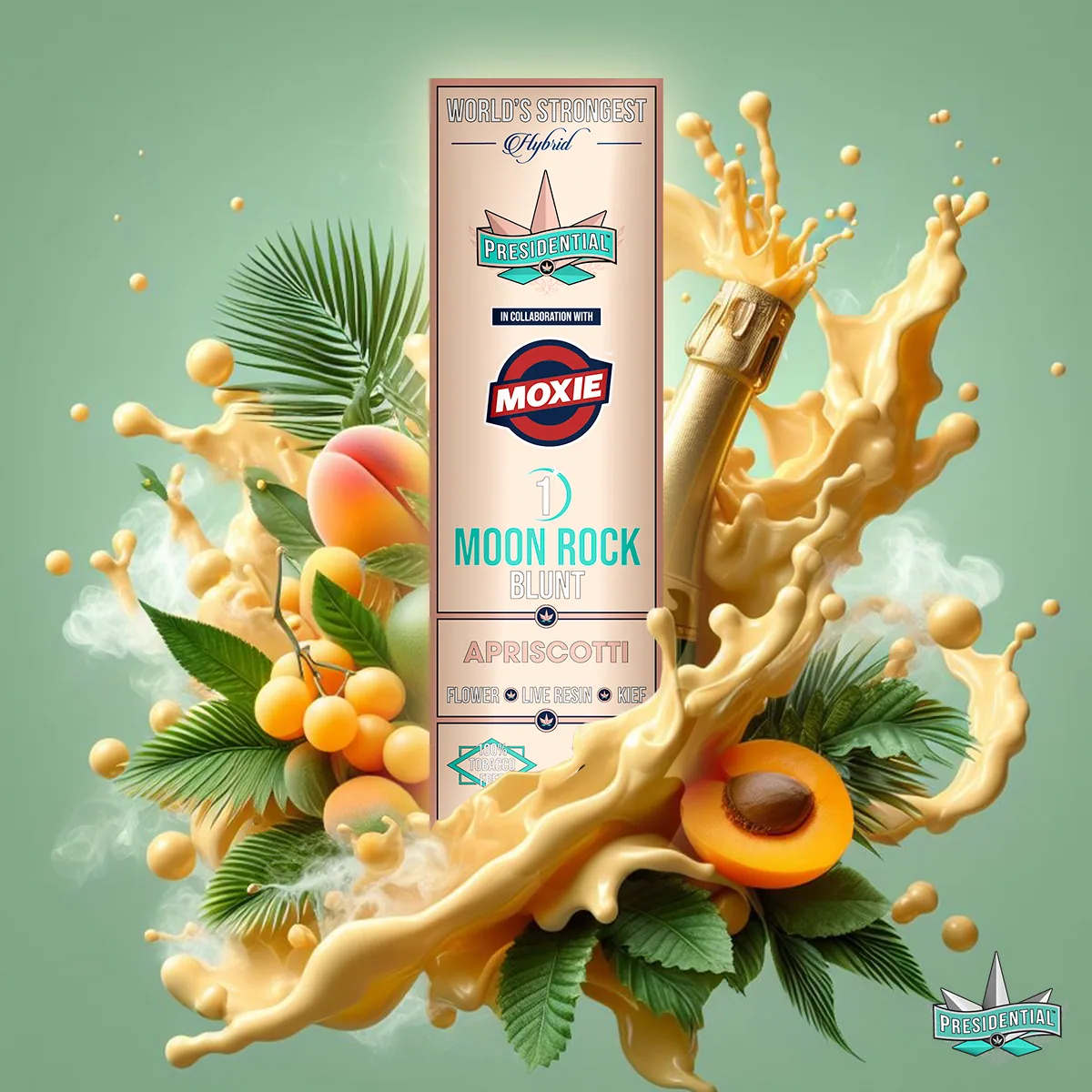 Presidential Apricotti blunt packaging with illustrated label artwork