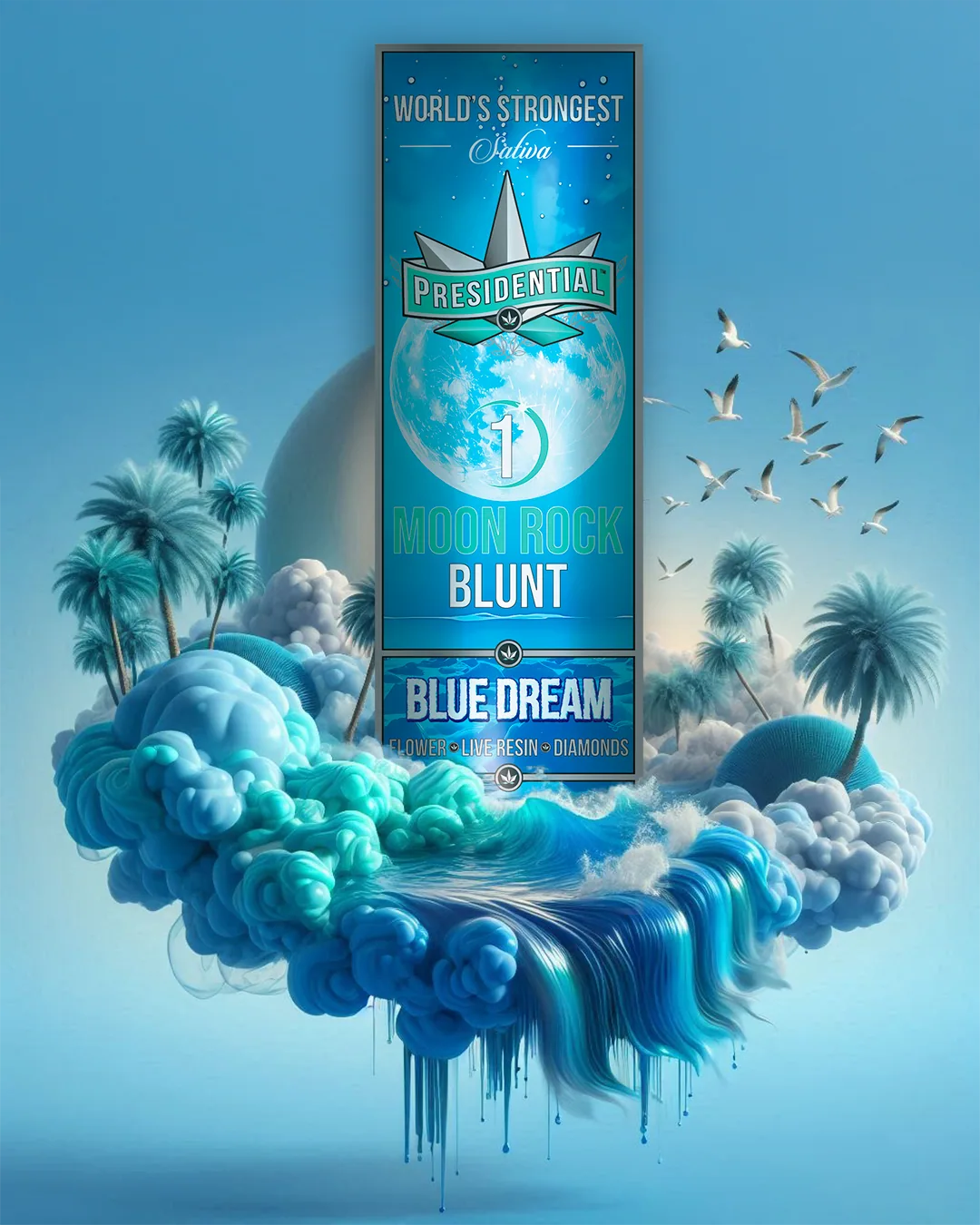 Presidential Blue Dream blunt packaging with illustrated label artwork