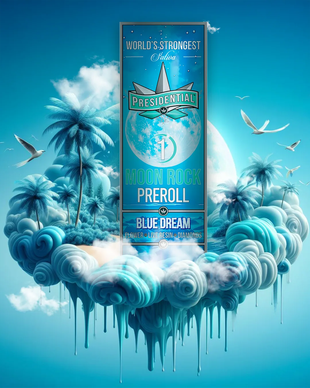 Presidential Blue Dream infused pre-roll packaging with illustrated label artwork