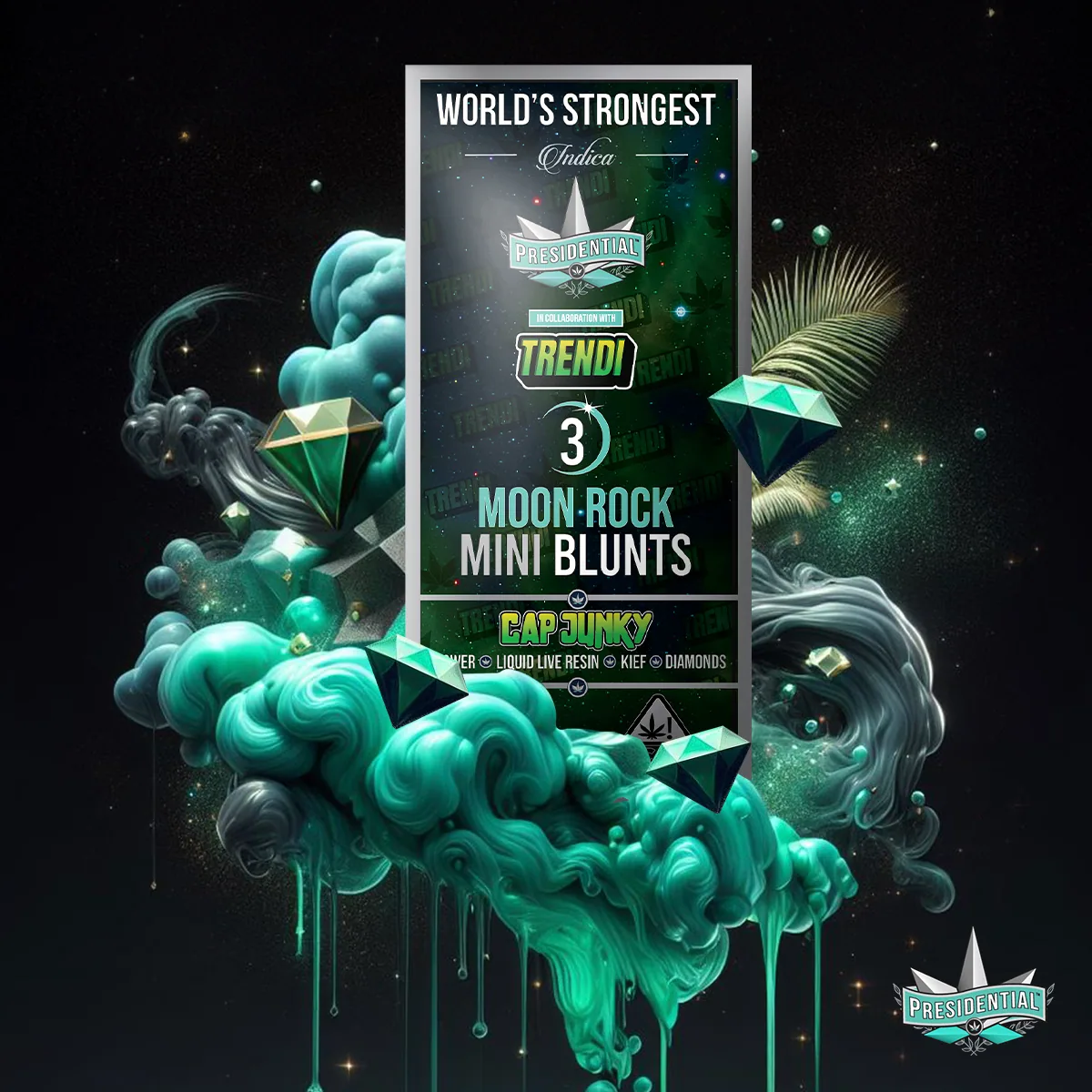 Presidential Cap Junky mini blunt packaging with illustrated label artwork