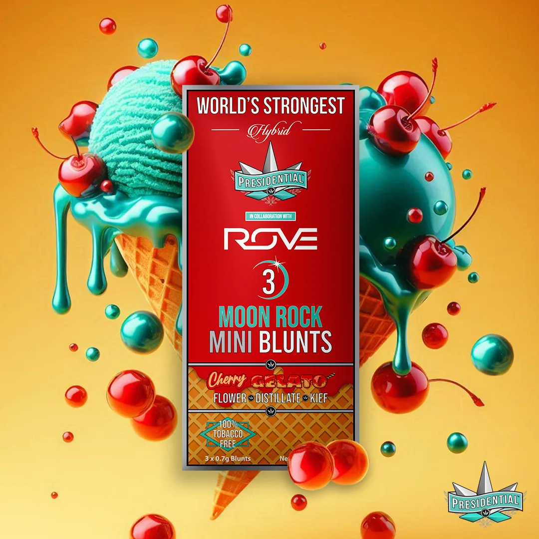 Presidential Cherry Gelato mini blunt packaging with illustrated label artwork