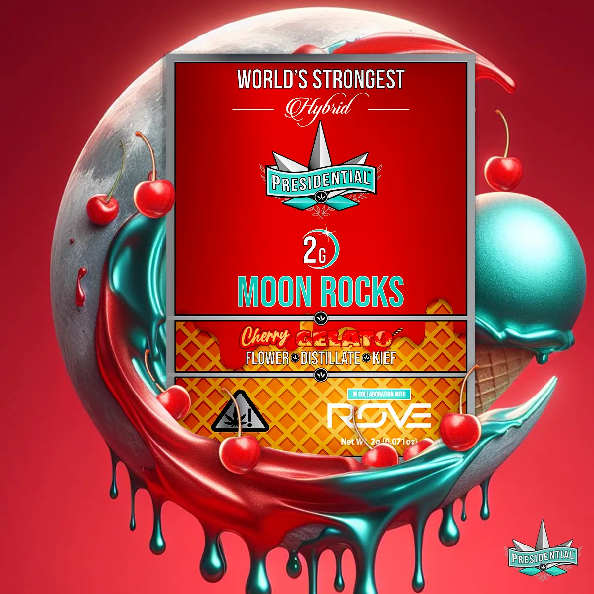 Presidential Cherry Gelato moon rocks packaging with illustrated label artwork