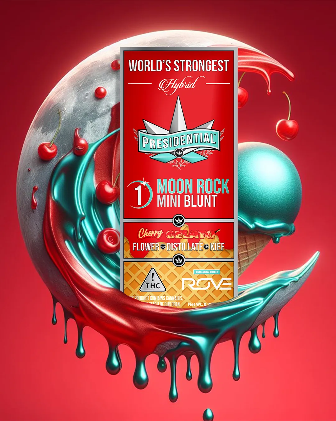 Presidential Cherry Gelato single mini blunt packaging with illustrated label artwork