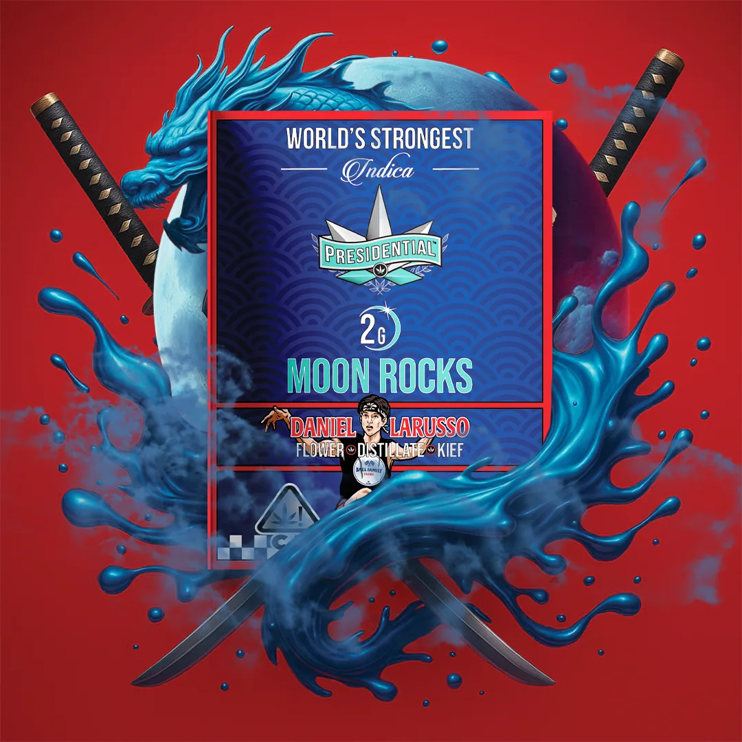 Presidential Daniel LaRusso moon rocks packaging with illustrated label artwork