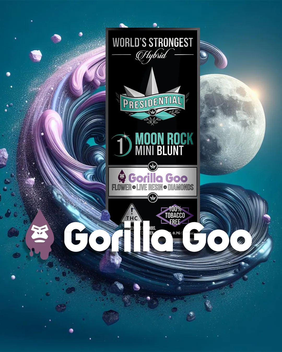 Presidential Gorilla Goo single mini blunt packaging with illustrated label artwork
